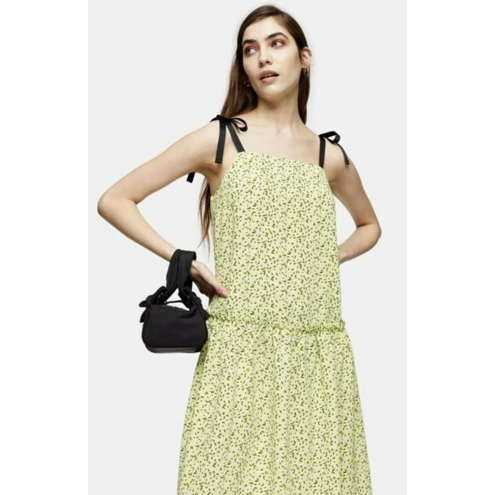 New TOPSHOP Floral Print Drop Waist Midi Dress in Lime